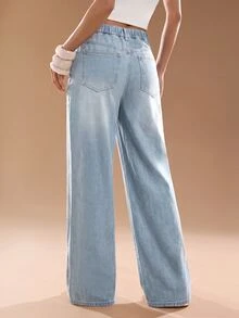 Maija Celana Jeans Denim Kasual Longgar Kaki Lebar dengan Saku dan Hiasan Rhinestone untuk Wanita - Biru - View 3