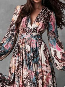 LUMIGAL Fall Dresses For Women, Vintage Tropical European Patchwork Leopard Print Floral Deep V-Neck, Waist, Vacation Beige - Multicolor - View 5