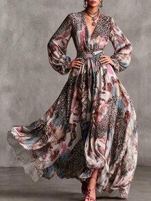 LUMIGAL Fall Dresses For Women, Vintage Tropical European Patchwork Leopard Print Floral Deep V-Neck, Waist, Vacation Beige - Multicolor - View 1