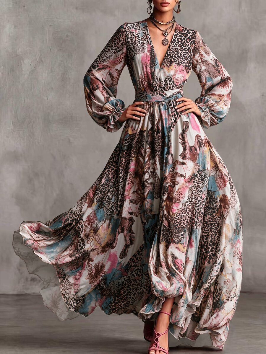 LUMIGAL Fall Dresses For Women, Vintage Tropical European Patchwork Leopard Print Floral Deep V-Neck, Waist, Vacation Beige - Multicolor - View 1