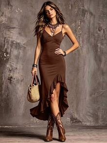 Hotletica Elegant Solid Color High Slit Hemline Patchwork Ruffle Strap Fitted Dress - Brown - View 4