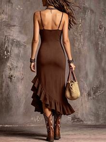 Hotletica Elegant Solid Color High Slit Hemline Patchwork Ruffle Strap Fitted Dress - Brown - View 2