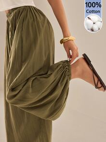 SHEIN PETITE 女款素色休閒百搭日常穿著長褲 - 軍綠色 - 查看 1