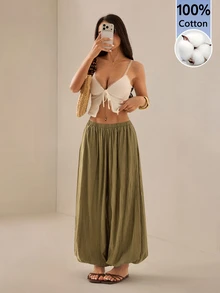 SHEIN PETITE 女款素色休閒百搭日常穿著長褲 - 軍綠色 - 查看 7