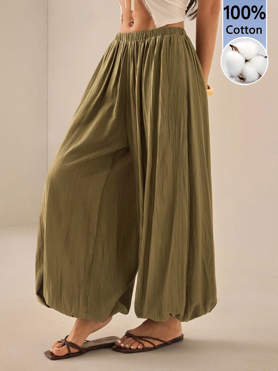 SHEIN PETITE Women's Solid Color Casual Versatile Daily Wear Long Pants - Army Green - View 1