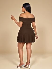 KIORVELLA Plus Size Women's Spring And Summer Solid Color Elegant Ruffle Hem Skirt One Shoulder Mini Dress Cocktail Party - Brown - View 7