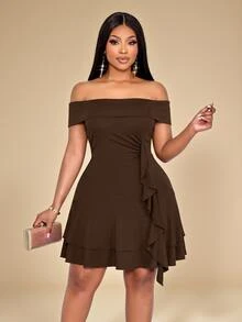 KIORVELLA Plus Size Women's Spring And Summer Solid Color Elegant Ruffle Hem Skirt One Shoulder Mini Dress Cocktail Party - Brown - View 4