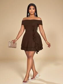 KIORVELLA Plus Size Women's Spring And Summer Solid Color Elegant Ruffle Hem Skirt One Shoulder Mini Dress Cocktail Party - Brown - View 6