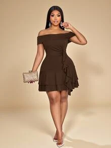KIORVELLA Plus Size Women's Spring And Summer Solid Color Elegant Ruffle Hem Skirt One Shoulder Mini Dress Cocktail Party - Brown - View 2