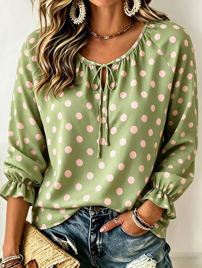 Linhara CURVE Women's Plus Size Polka Dot Print Round Neck Blouse, Casual Top For Outings