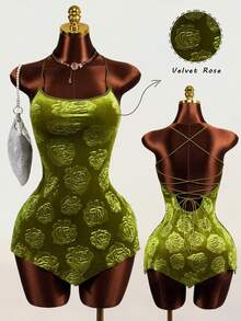 Mistrie Gaun A-Line Tanpa Tali Wanita Terbaru Musim Gugur 2026, Menampilkan Motif Mawar Elegan dengan Desain Timbul 3D Beludru Retro Y2K. Pilihan Sempurna untuk Kencan, Pesta - Hijau - View 2
