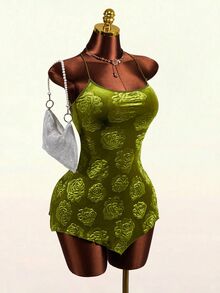 Mistrie Gaun A-Line Tanpa Tali Wanita Terbaru Musim Gugur 2026, Menampilkan Motif Mawar Elegan dengan Desain Timbul 3D Beludru Retro Y2K. Pilihan Sempurna untuk Kencan, Pesta - Hijau - View 10