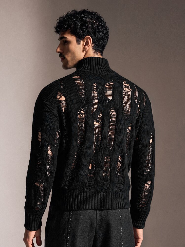 FeverCity Men's Solid Color Distressed Casual Daily Long Sleeve Sweater - Black - View 2