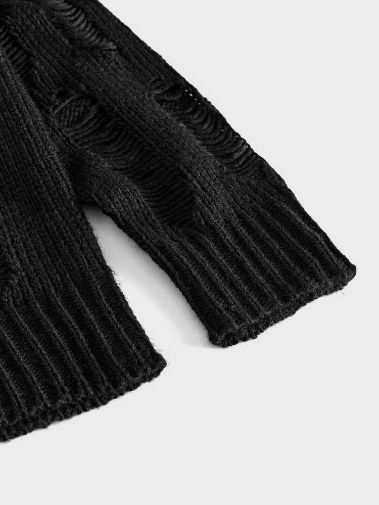 FeverCity Men's Solid Color Distressed Casual Daily Long Sleeve Sweater - Black - View 7