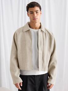 ESTAVOR Men's Boxy Casual Turndown Collar Long Sleeve Zip Jacket, For Autumn/Winter, Spring, Outdoor - Khaki - View 7