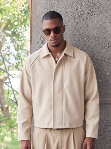 ESTAVOR Men's Boxy Casual Turndown Collar Long Sleeve Zip Jacket, For Autumn/Winter, Spring, Outdoor - Khaki - View 8