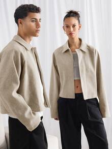 ESTAVOR Men's Boxy Casual Turndown Collar Long Sleeve Zip Jacket, For Autumn/Winter, Spring, Outdoor - Khaki - View 3
