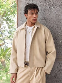 ESTAVOR Men's Boxy Casual Turndown Collar Long Sleeve Zip Jacket, For Autumn/Winter, Spring, Outdoor - Khaki - View 1
