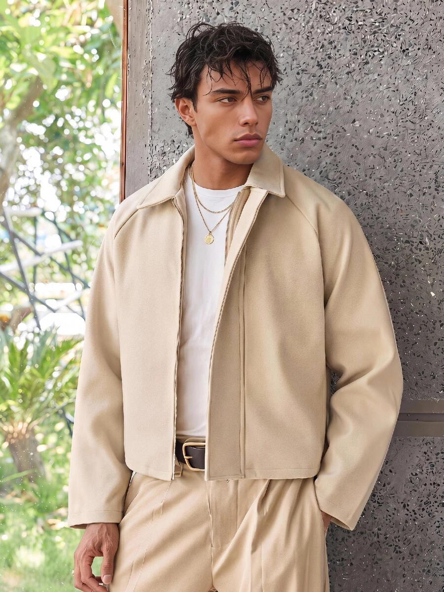 ESTAVOR Men's Boxy Casual Turndown Collar Long Sleeve Zip Jacket, For Autumn/Winter, Spring, Outdoor - Khaki - View 1