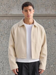ESTAVOR Men's Boxy Casual Turndown Collar Long Sleeve Zip Jacket, For Autumn/Winter, Spring, Outdoor - Khaki - View 2