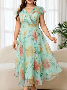 Reflora Plus Size Women Elegant Floral Print Dress, Summer Dress For Wedding - Mint Green - View 2