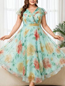 Reflora Plus Size Women Elegant Floral Print Dress, Summer Dress For Wedding - Mint Green - View 7