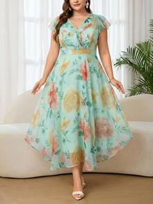 Reflora Plus Size Women Elegant Floral Print Dress, Summer Dress For Wedding - Mint Green - View 6