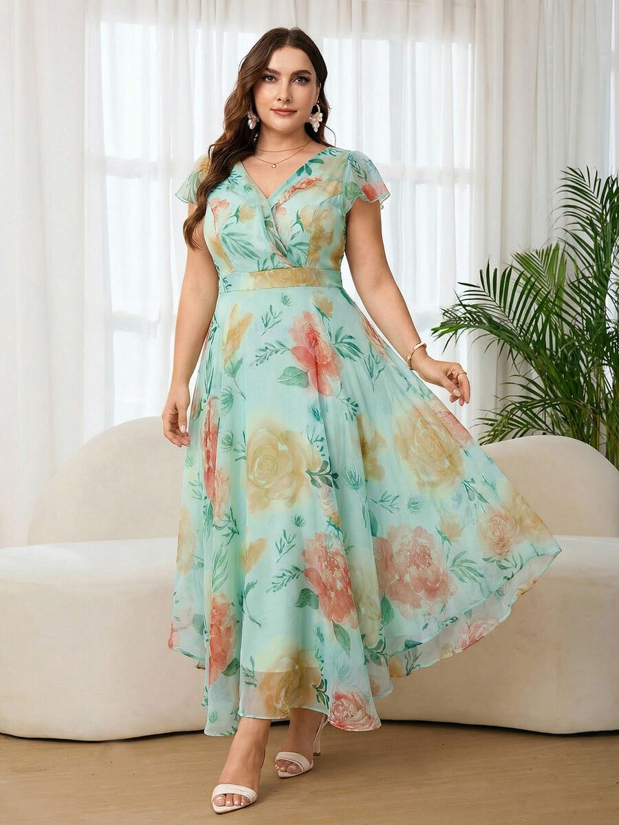 Reflora Plus Size Women Elegant Floral Print Dress, Summer Dress For Wedding - Mint Green - View 1