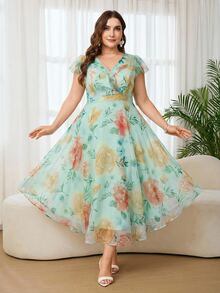 Reflora Plus Size Women Elegant Floral Print Dress, Summer Dress For Wedding - Mint Green - View 4