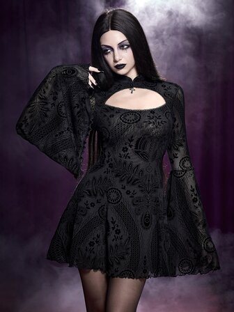 Dark Gothic Halloween Outfit Plant Flocked Metal Cross Pendant Bell Sleeve A-Line Short Dress