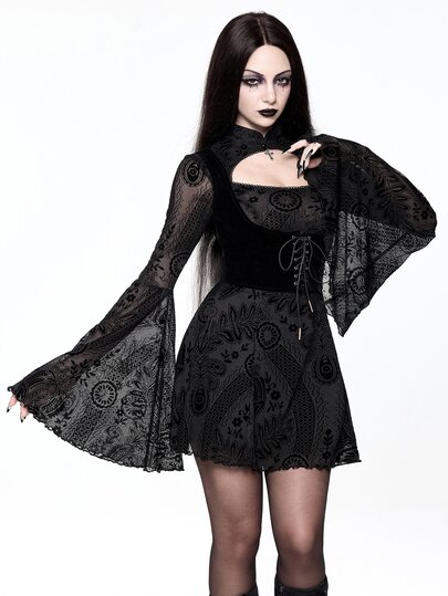 Robe courte trapèze gothique sombre pour Halloween, avec manches cloche, pendentif croix en métal floqué motif plante