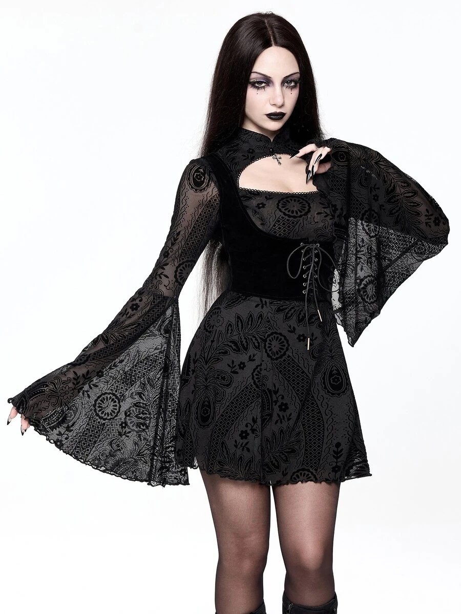 ROMWE Dark Gothic Halloween Outfit Plant Flocked Metal Cross Pendant Bell Sleeve A-Line Short Dress - Black - View 1
