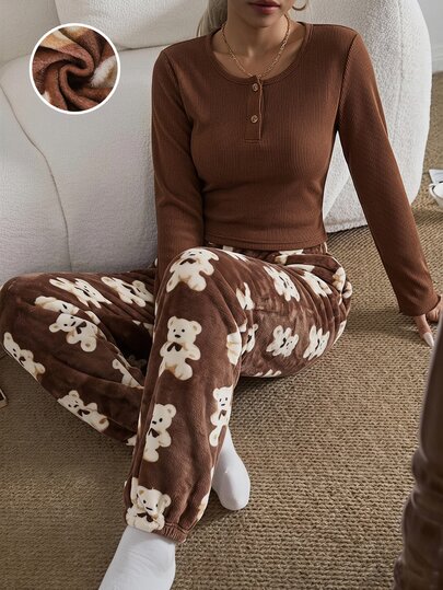 Teen Girls Vintage Brown 2-Piece Loungewear Set, Small Henley Round Neck Brushed Ribbed Long Sleeve Top With Brushed All-Over Bear Print Cuffed Pants, Soft Plush Fabric Skin-Friendly, Elastic Waistband, Minimalist Korean Ins Style, Autumn/Winter Home Sleep Casual Comfortable Pajama Set