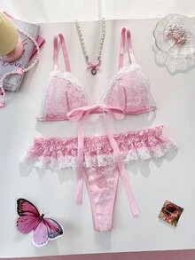 PetitDoll مجموعة ملابس داخلية نسائية من الدانتيل مزينة بفيونكة بألوان متباينة - وردي - مشاهدة 4