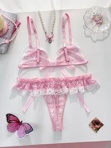 PetitDoll مجموعة ملابس داخلية نسائية من الدانتيل مزينة بفيونكة بألوان متباينة - وردي - مشاهدة 5