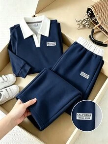 Genkimix Kids 女童復古T恤套裝配寬腿長褲，休閒秋季長袖圓領套裝，開學季與日常休閒穿搭 - 寶藍色 - 查看 5
