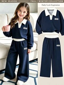 Genkimix Kids 女童復古T恤套裝配寬腿長褲，休閒秋季長袖圓領套裝，開學季與日常休閒穿搭 - 寶藍色 - 查看 4