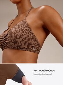 GLOWMODE FeatherFit™ Sujetador Deportivo Ajustable con Cuello Halter, Espalda Descubierta, Delantero Fruncido y Copas Antideslizantes Removibles para Yoga, Estudio, Pilates y Uso Diario - Marrón - Ver 5
