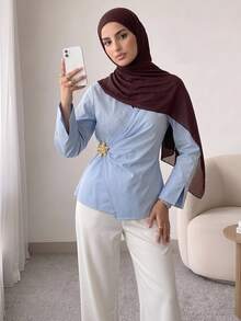 Solavon Women's Solid Color Metal Decor Pleated Casual Versatile Daily Wear Blouse - Blue - View 2