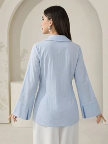 Solavon Women's Solid Color Metal Decor Pleated Casual Versatile Daily Wear Blouse - Blue - View 3