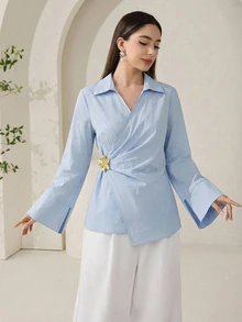 Solavon Women's Solid Color Metal Decor Pleated Casual Versatile Daily Wear Blouse - Blue - View 4