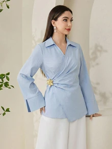 Solavon Women's Solid Color Metal Decor Pleated Casual Versatile Daily Wear Blouse - Blue - View 7