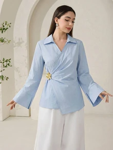 Solavon Women's Solid Color Metal Decor Pleated Casual Versatile Daily Wear Blouse - Blue - View 6