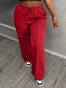 Slaydiva Women's Solid Color Drawstring Waist Pocket Straight Loose Casual Sports Pants - Red - View 5