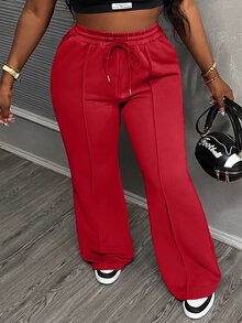 Slaydiva Women's Solid Color Drawstring Waist Pocket Straight Loose Casual Sports Pants - Red - View 6