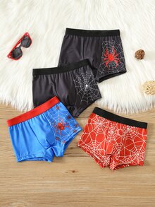 SHEIN 幼童男孩 4件組 緊身內褲 嬰兒內褲 蜘蛛圖案，生日、節日、親子裝、開學首日 - 彩色 - 查看 2