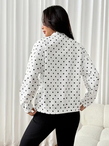 SHEIN PETITE 女款波點拉鍊休閒百搭日常旅行長袖夾克 - 黑與白 - 查看 2