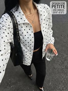 SHEIN PETITE 女款波點拉鍊休閒百搭日常旅行長袖夾克 - 黑與白 - 查看 5