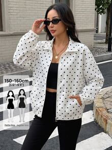 SHEIN PETITE 女款波點拉鍊休閒百搭日常旅行長袖夾克 - 黑與白 - 查看 1