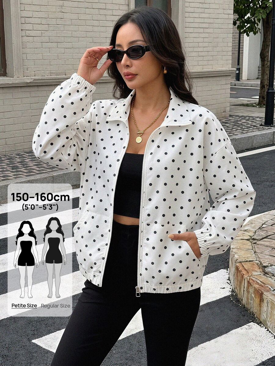 SHEIN PETITE 女款波點拉鍊休閒百搭日常旅行長袖夾克 - 黑與白 - 查看 1